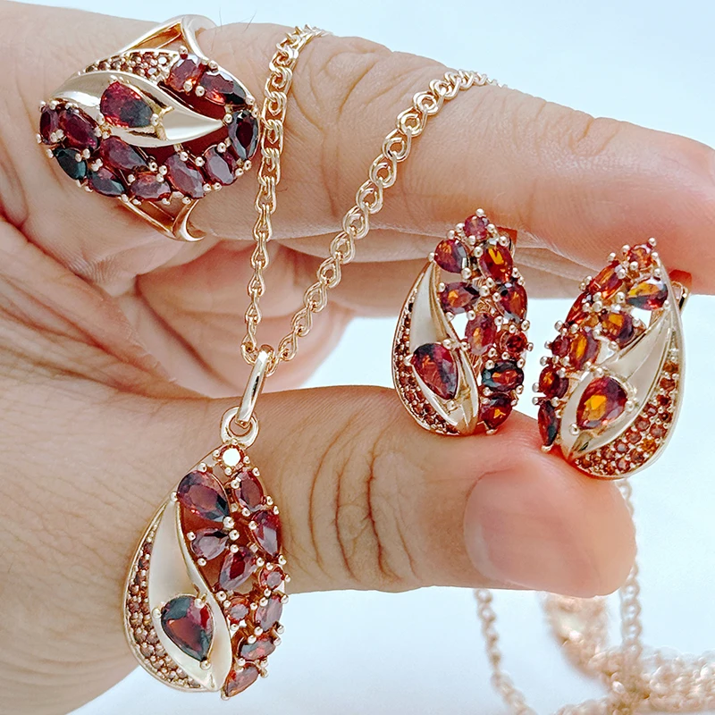 Kinel 585 Rose Gold Color 3pcs Vintage Jewelry Sets for Women Shiny Red Natural Zircon Ring Earrings Necklace Daily Jewelry