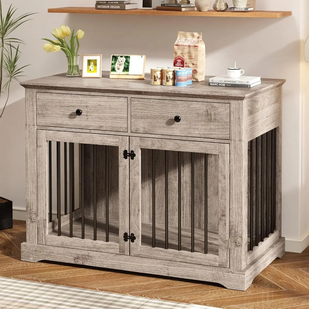 

Dog Crate Furniture, 44 Inch Wooden Dog Kennel Furniture Indoor with 2 Storage Drawers, Heavy Duty Large Dogs Crate Furniture, C