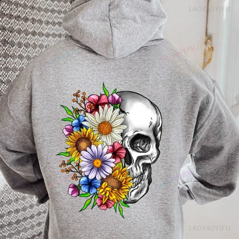 แฟชั่นวินเทจดอกไม้หน้ากะโหลกผู้หญิงเสื้อฮู้ดฤดูใบไม้ร่วงและฤดูหนาวไหล่ตกอบอุ่นพังก์พิมพ์เสื้อฮิปฮอปสตรีทแวร์