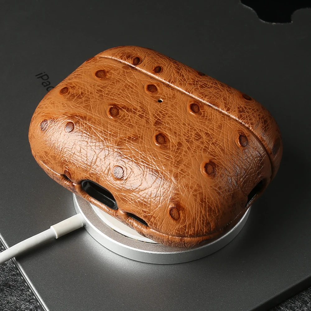Funda para auriculares de cuero genuino con estampado de piel de avestruz, compatible con Airpods 5, 4, Pro, 3, Pro3, Pro 2, Pro2 y Airpods 4. Estuche para auriculares inalámbricos Bluetooth.