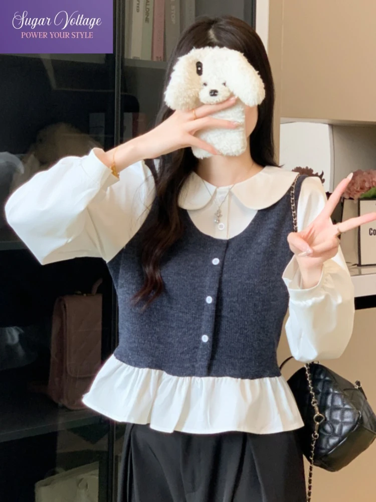 Echter Schuss Herbst Winter 2025, neue Mode, lässig, Patchwork, Kontrastfarbe, gefälschtes zweiteiliges Langarm-Shirt für Damen, elegantes Basis-Top