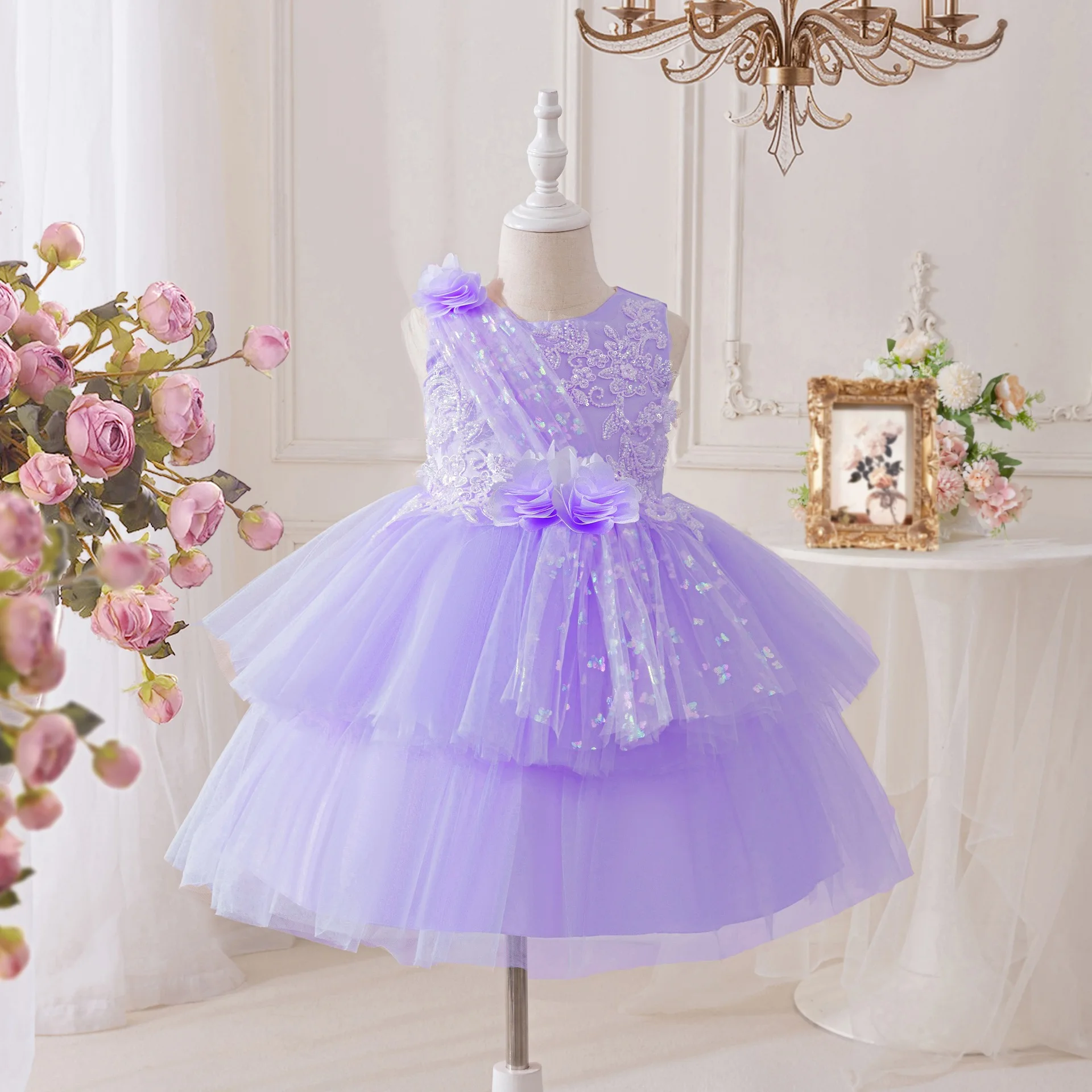 kids-​girls-dress-sleeveless-lace-princess-dress-puffy-birthday-holiday-ball-gown-children's-clothing