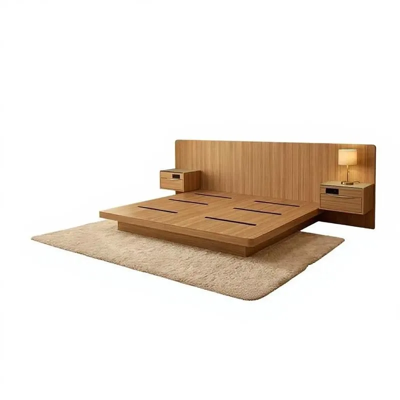 Japanese Style Wooden Bed Frame with Integrated Floating Nightstand Simple Design for Hotel Apartment