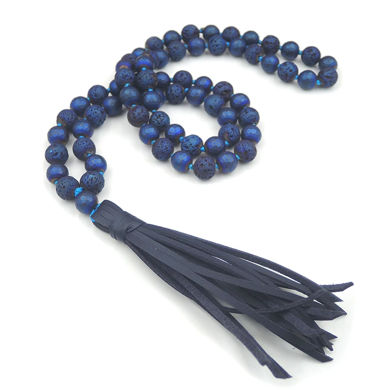 

Leather Cord Tassels Blue Hematite Volcanic Frosted Round Beads Necklace Knotted 30inches 40inches