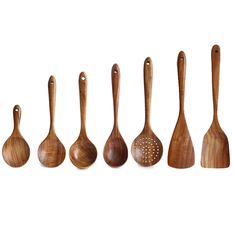 

7-Piece Teak Wooden Kitchen Set Non-Scratch Spatulas Comfort Grip For Cooking Kitchen Wooden Spatula Wooden Rice Spoon