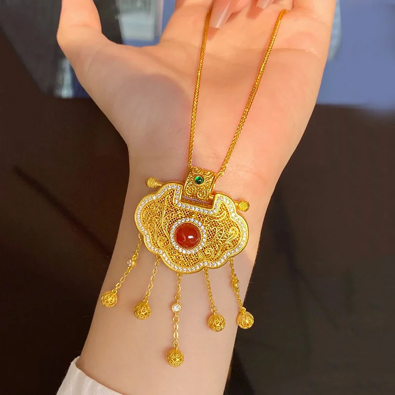 

9999 24K real gold luxury jewelry tassel pearl lock bag pendant necklace women fashion versatile sweater chain