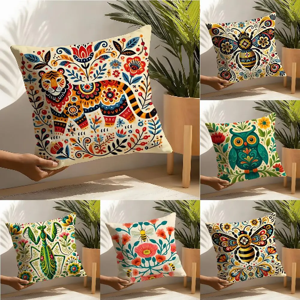 Colorful Retro Animal And Flower Prints Pillow Case Cotton Linen Fabric Square Zipper Pillowcase Home Decorative Living Room