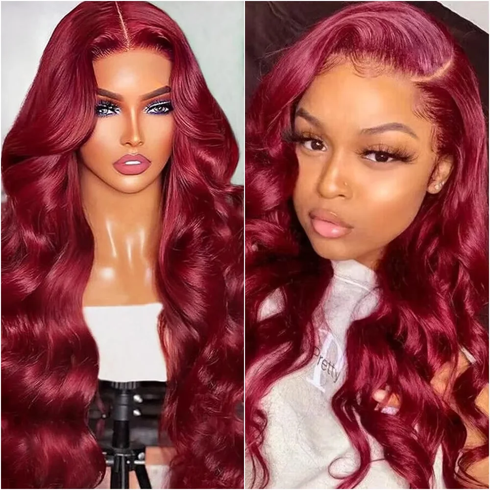 

Бордовый парик с кружевной передней частью 99J, 40 дюймов, с эффектом Body Wave, из натуральных волос, 13x6 HD прозрачный кружевной фронтальный парик, 200% плотность, предварительно проработанный, для женщин