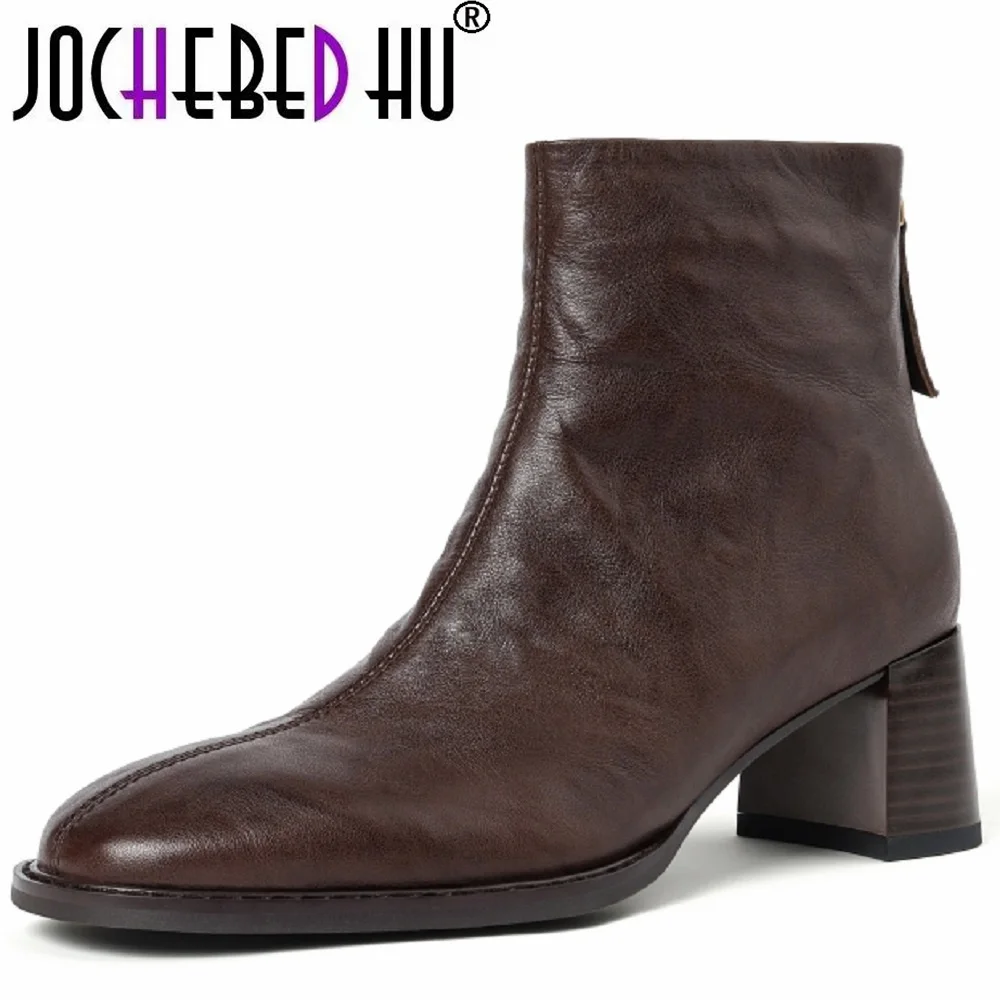 

【JOCHEBED HU】Handmade Genuine Leather Soft and comfortable Ankle Boots Women Booties Chunky Mid Heels Square Toe Shoes 34-40