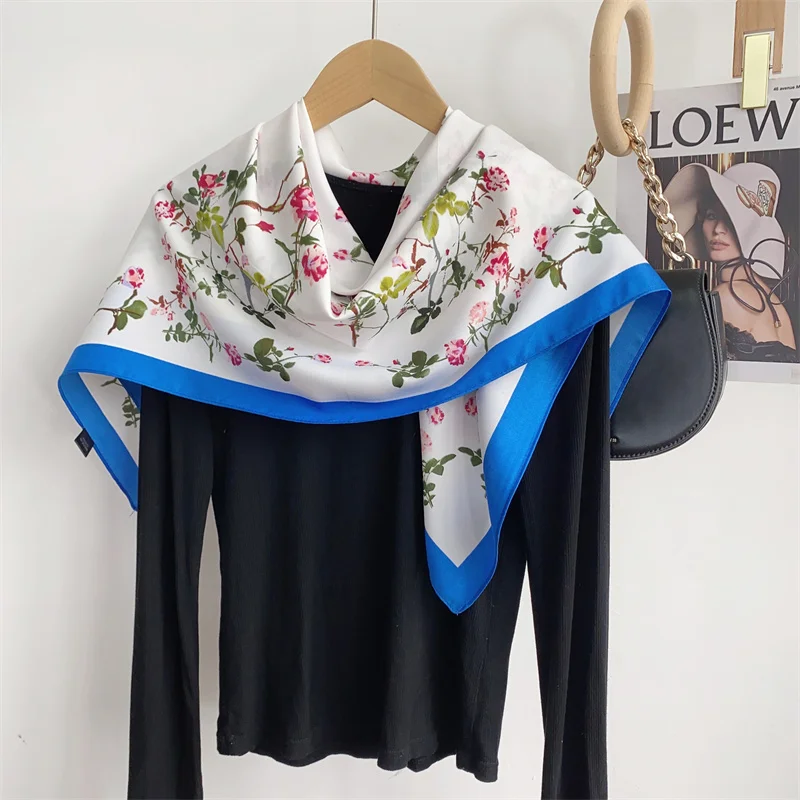 2024 Spain Fashion Million Floral Square Silk Scarf Ladies High Quality Print Soft Shawls and Wraps Bufanda Muslim Hijab 90*90Cm