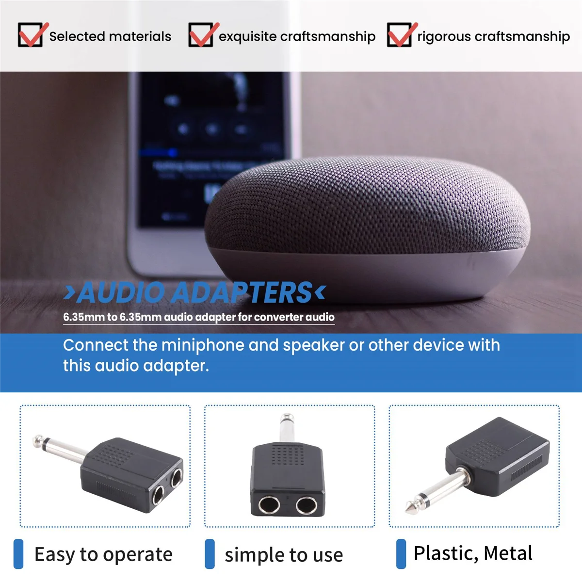 Schwarzer 6,35 mm 1/4 Zoll Stecker auf Dual-Buchse, Mono-Y-Kabel, PA-Audiokabel-Adapter für professionelle Klanggeräte