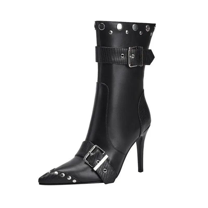 

Pointed Toe Studded Ankle Boots Large Size Belt Buckle Embellished Side Zip Women Botines Black Side Zip Knee-High Botas