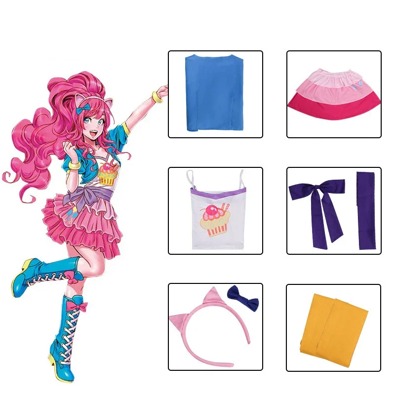 Anime Little Pony Pinkie Pie Cosplay Costume Fashion Uniform Suit Outfit Halloween Christmas Party Lovely Princess Skirt