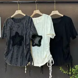 2024 Women's Summer New Sweet Trendy Solid Color Patchwork Lace Distressed Loose Round Neck Short Sleeve Pullover T-shirts Tops