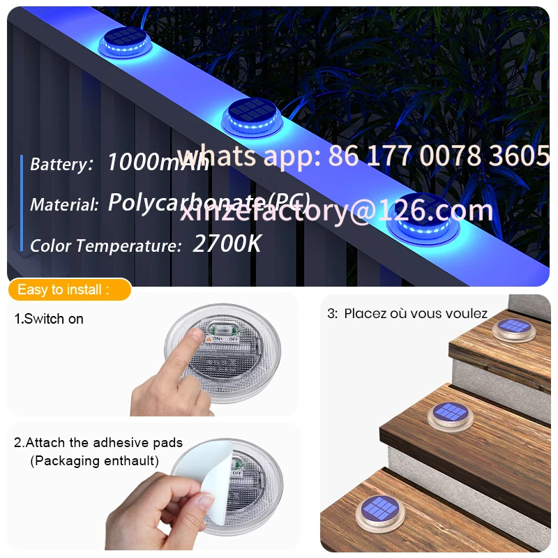 6 عبوات قابلة للتخصيص، أضواء الممر الشمسية، أضواء حوض الطاقة الشمسية، أضواء سطح الطاقة الشمسية الزرقاء في الهواء الطلق IP68 مقاومة للماء، لاصقة للخطوة