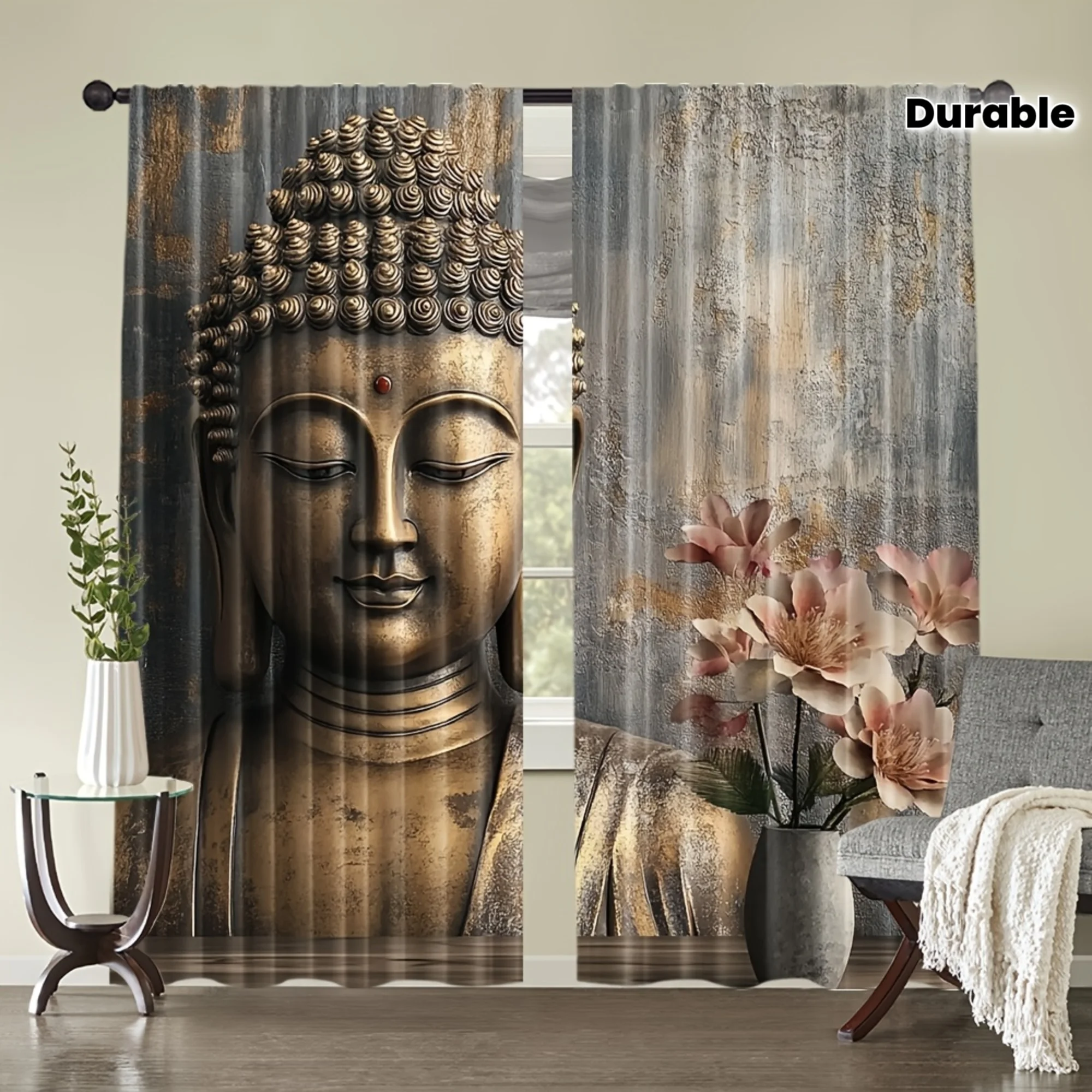 2pcs Buddha Head Print Curtains Magnolia Flower Pattern Zen Style Polyester Window Drapes for Living Room Bedroom Decor