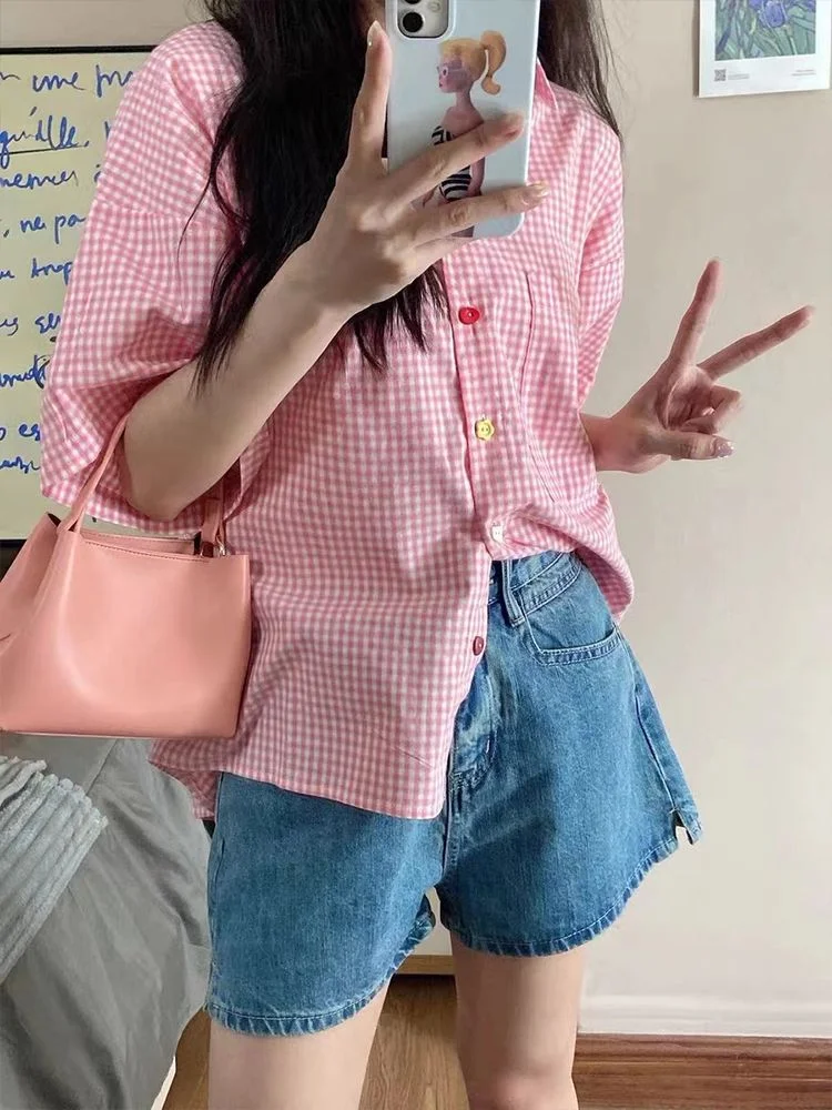 Y2k Aesthetic Pink Plaid Short Sleeve Women Blouse Loose Summer Blusas Vintage Japanese All Match Turn Down Collar Tops