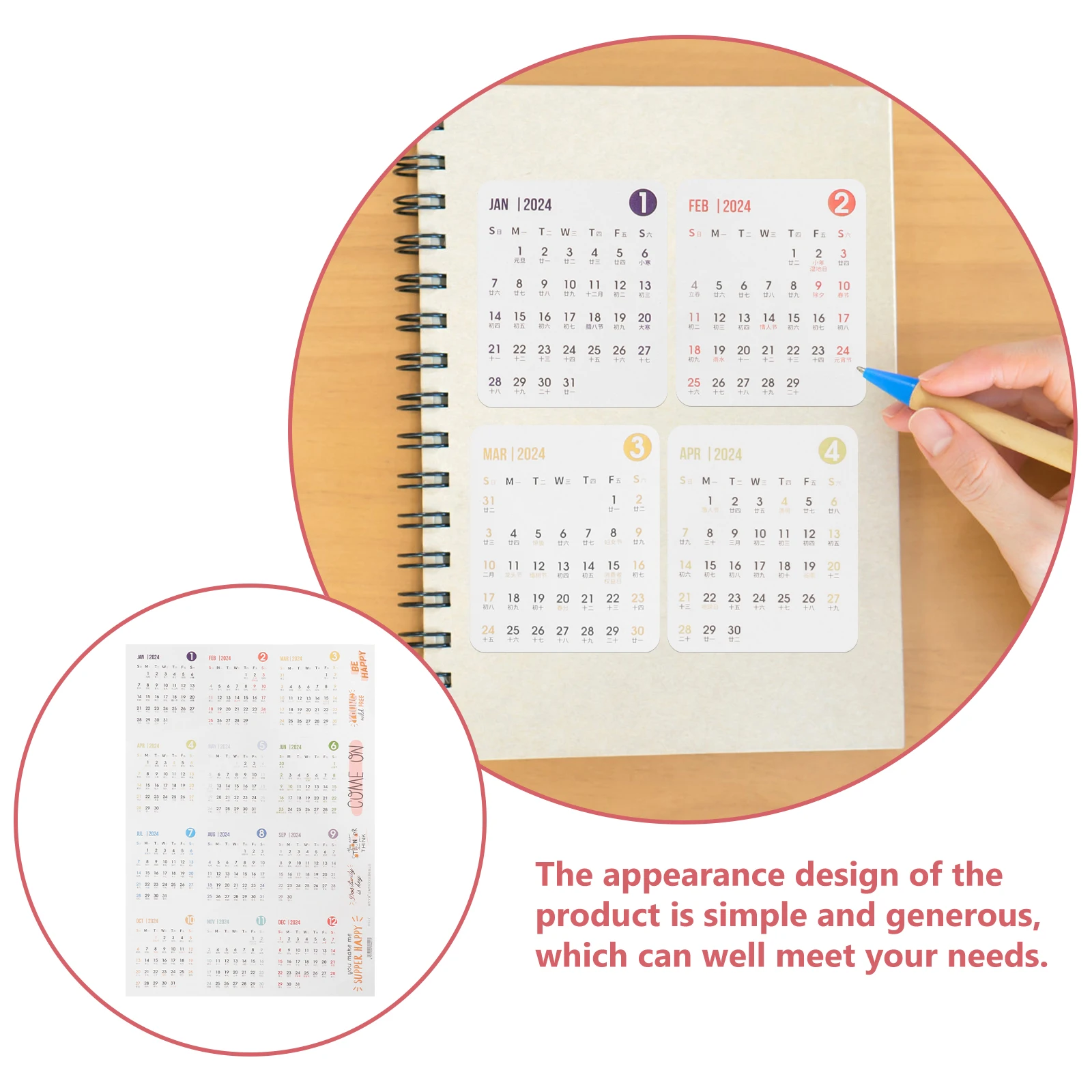 

2024 Writing Paper A4 DIY Small Calendar Stickers Notebook Planner Tabs Decals Durability Lightweight School Use