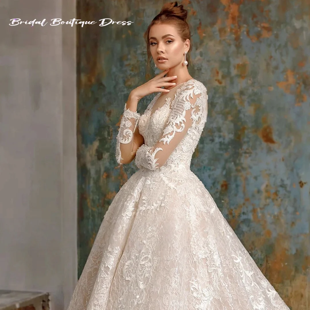 Eleganckie suknie ślubne balowe na zamówienie dla kobiet, seksowne suknie ślubne księżniczki z długim rękawem, zdobione koralikami i aplikacjami, Vestidos D