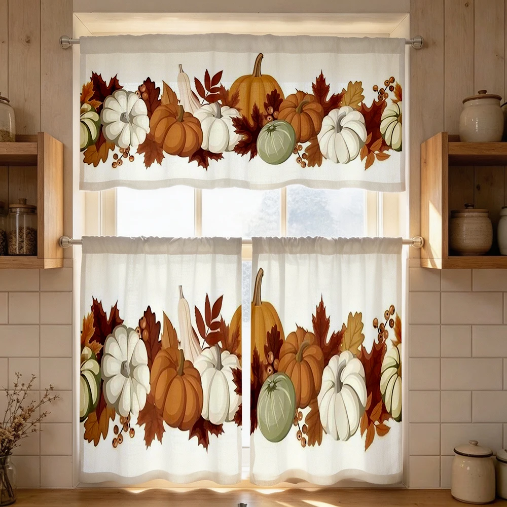 Thanksgiving Fall Kitchen Curtains, Orange Pumpkin, Digital Print, Kitchen Dining Room, Rod Pocket Polyester, Home Decor