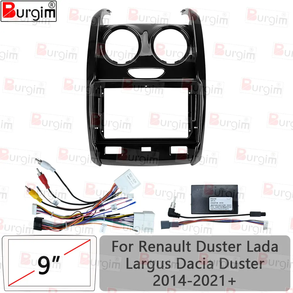 Burgim Car Android Radio Frame For Renault Duster Dacia Duster Lada Largus 9 inch Fascia Stereo Panel 16PIN Harness Wire Canbus