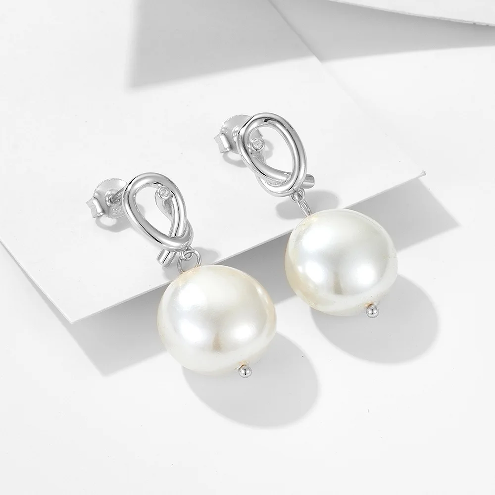 S925 Sterling Silver Gold Plated Geometric Knot Drop Earrings, Button Pearl Stud Dangle Jewelry, Minimalist Fashion for Women