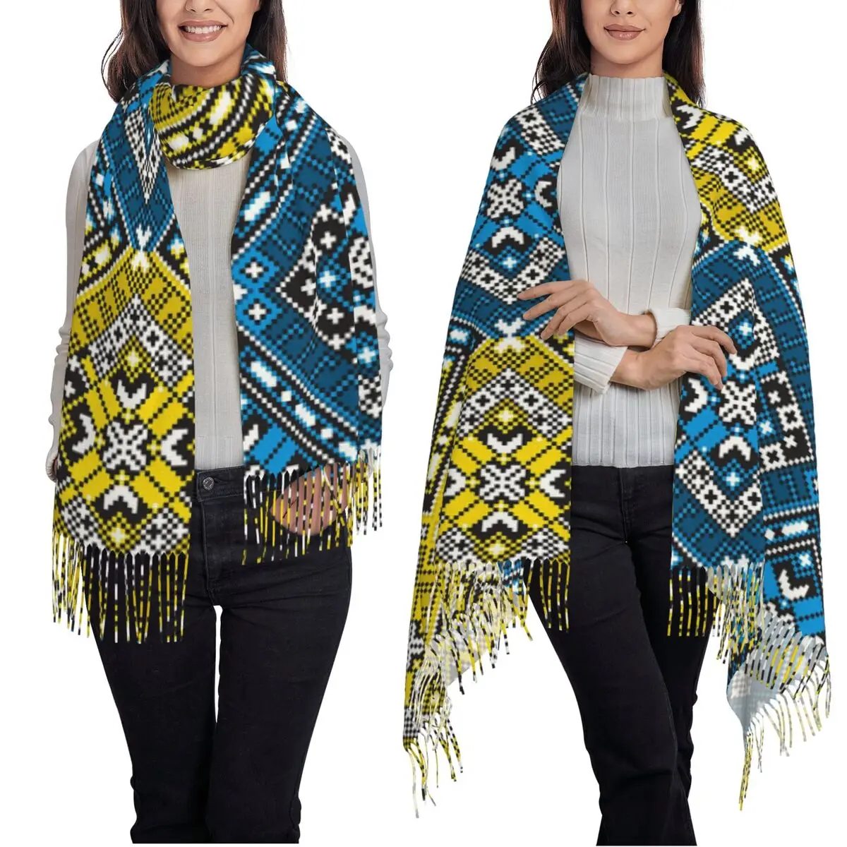 Traditional Romanian Ukraine Boho Bohemian Geometric Scarf Tassel Scarves Women Shawls and Wraps Large Fall Winter Shawl Wrap