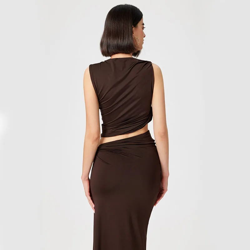 Women Summer 2 Pieces Outfits Solid Color Crew Neck Sleeveless Tank Tops Wrapped Hip High Slit Long Skirts Set