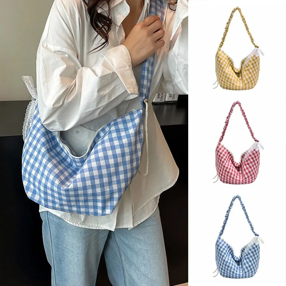 

Casual Korean Hobos Shoulder Bag Plaid Large Capacity Crossbody Bag Half Moon Canvas Handbags Spring Summer
