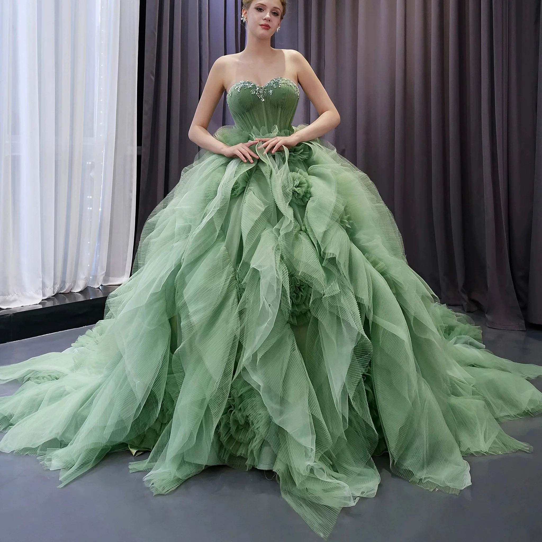 

Rosymae элегантное зеленое тюлевое вечернее платье без бретелек с блестками, лиф с рюшами, юбка на шнуровке, корсет сзади, торжественное платье для женщин