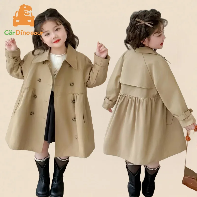 

2025 Autumn New 2 3 4 5 6 7 8 9 10 Years Children Outerwear Coats Baby Kids Girls Medium Long Slim Waist Khaki Trench Jacket