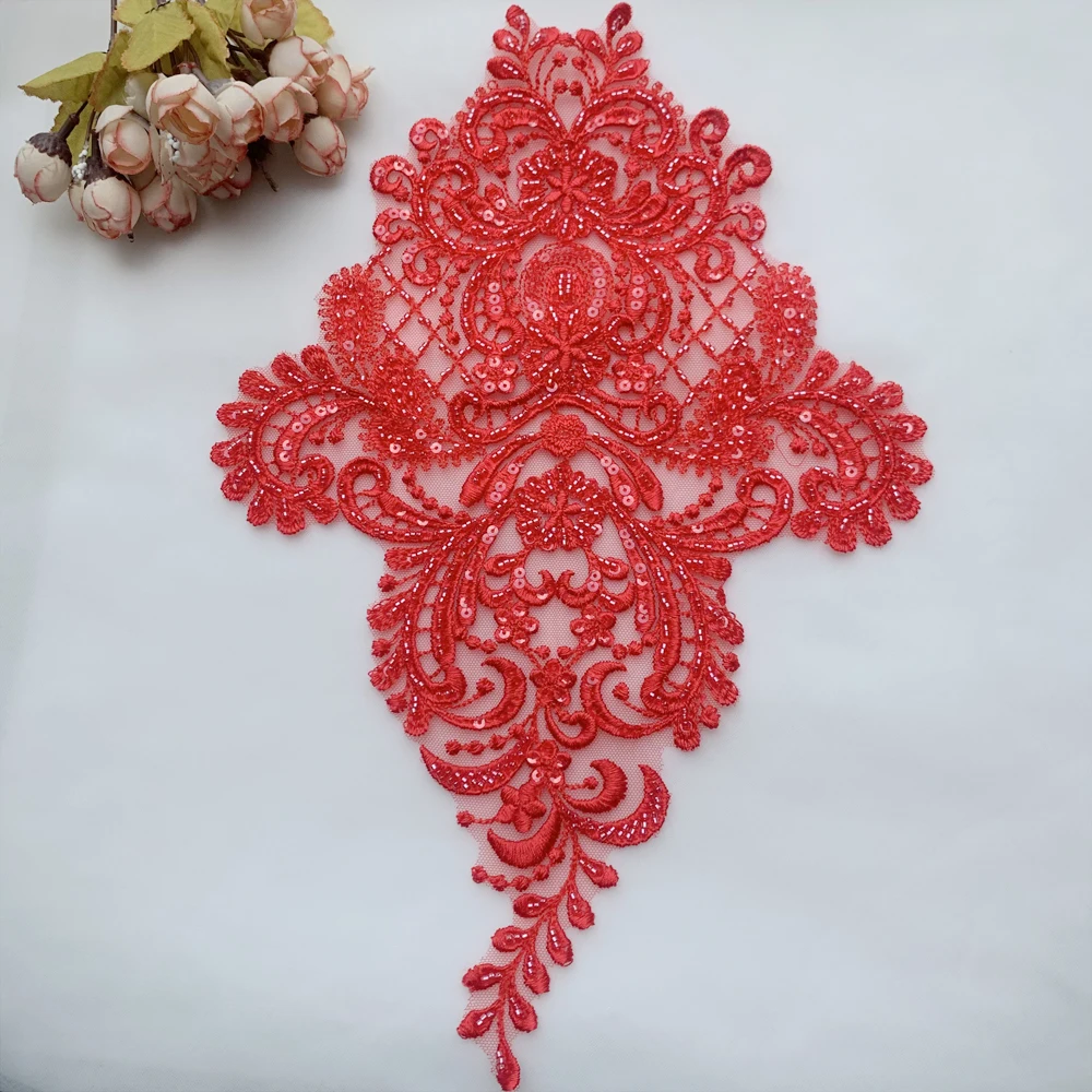 Beaded Sequin Embroidery Lace Applique, Retro Black and Red, 2 PCs/Pack DIY Wedding Dress Accessories, Lace Flower Patches