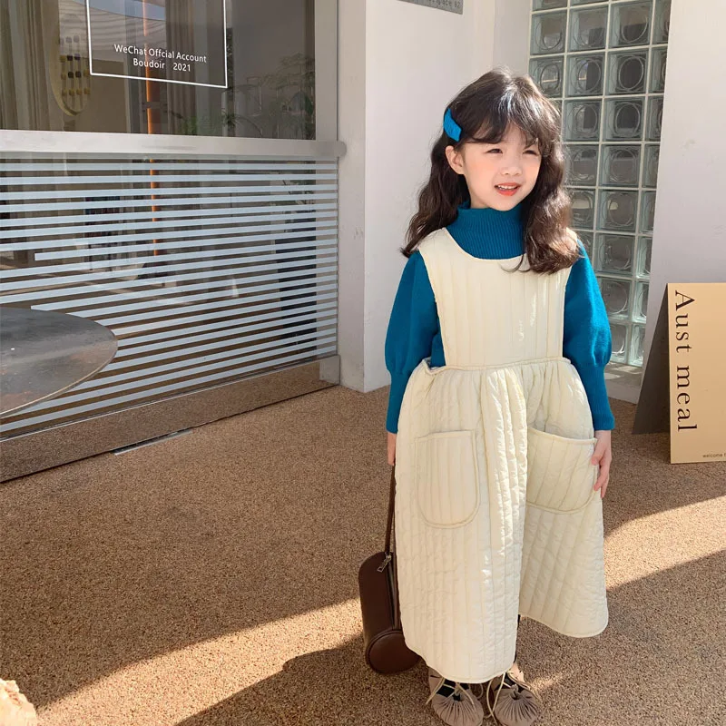 Girls Dress 2025 Winter New Korean Version Sleeveless Quilted Cotton Lace Up Thick Solid Color Vest Skirt for Warmth