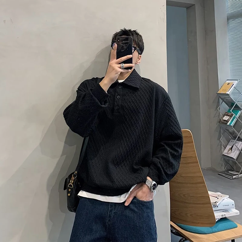 

Autumn Springr Polo Design Waffle Texture Long Sleeve Men T Shirts Harajuku Fashion Oversized Tops Korean 2023 Cotton Streetwear