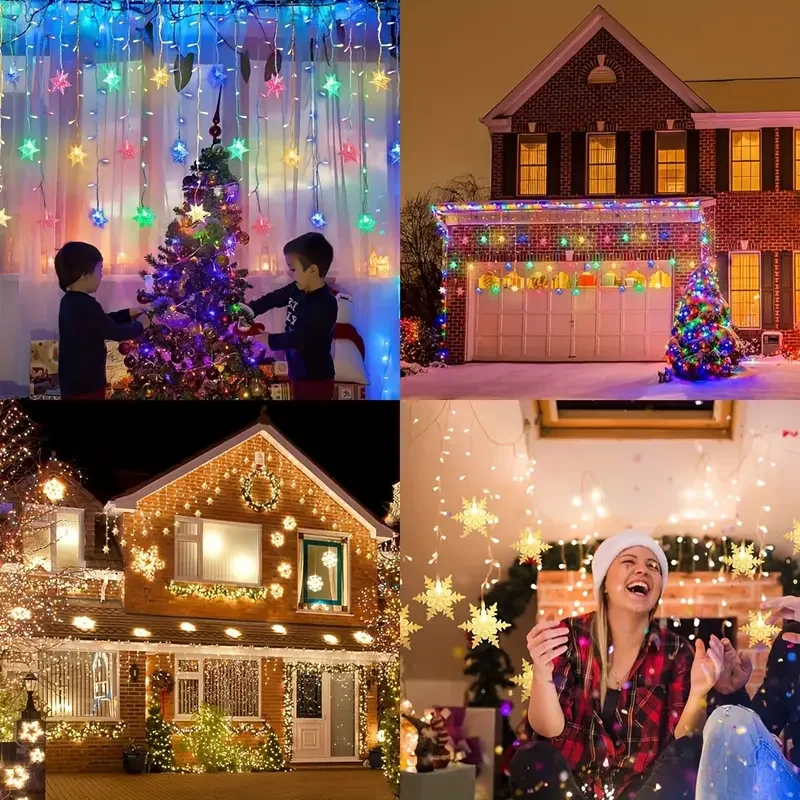 Nuevas luces navideñas de cortina con forma de copo de nieve, guirnaldas de luces LED intermitentes impermeables para decoración de árbol de Navidad, fiestas navideñas, bodas