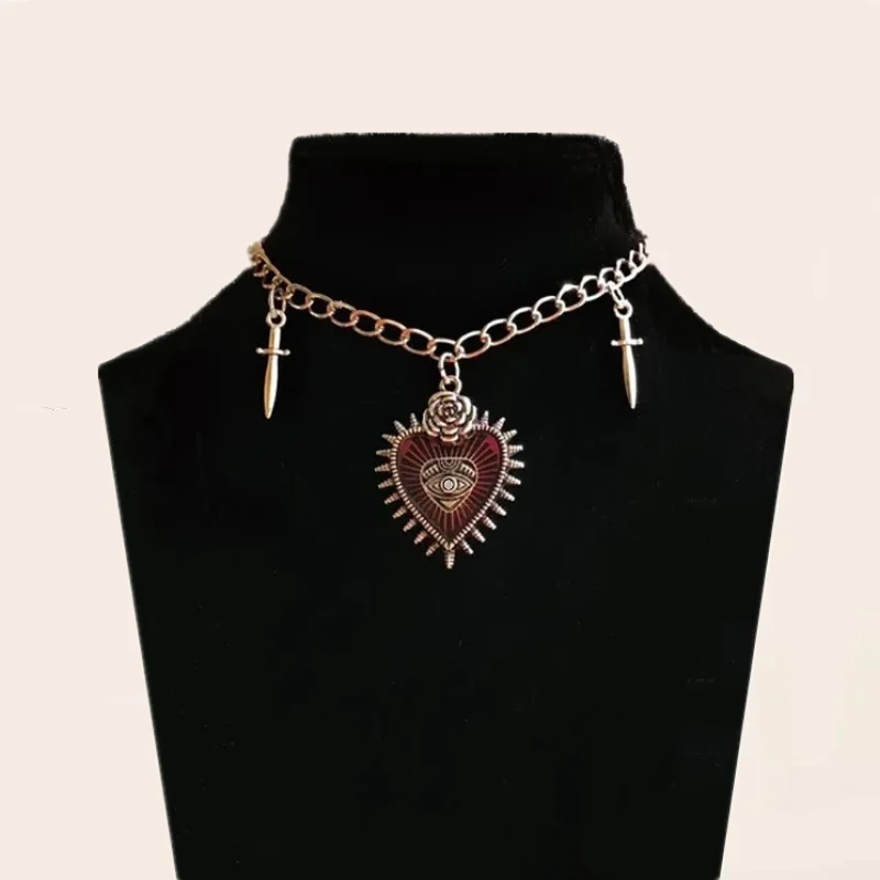 Goth Gothic Peach Heart Flower Sword Eye Cross Pendant Choker Chain Necklace for Man Women New Fashion Jewelry Gifts Wholesale