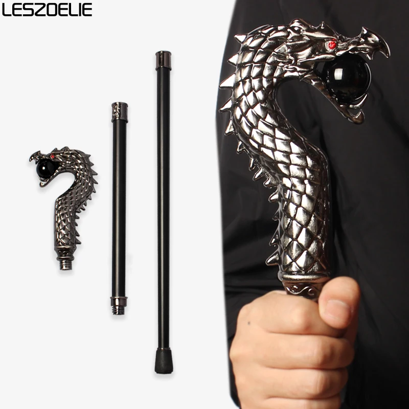 عصا المشي برأس التنين الفضي ذات الطراز الداكن مع كرة كريستال سوداء للرجال عصي المشي المزخرفة الفاخرة للنساء