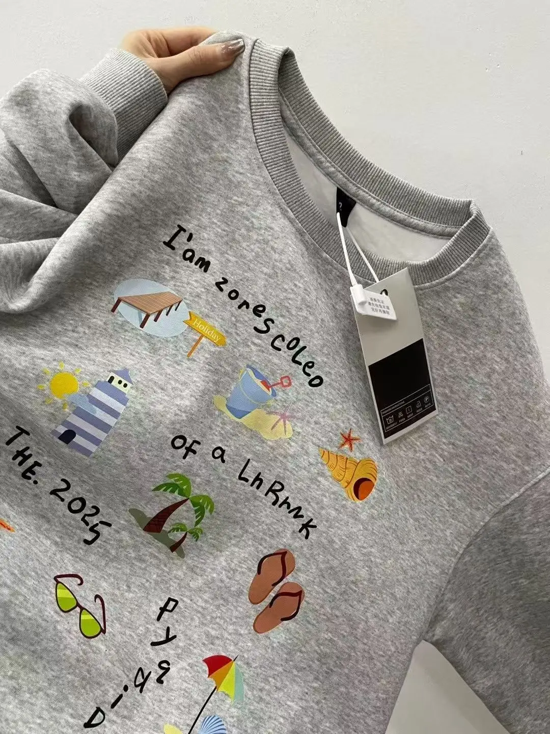 

Korean Fashion Vocation Print Gray Oversized Hoodies Women O Neck Long Sleeve Casual Sweatshirt Autumn American Retro Jacket Top