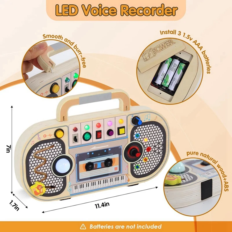 Perekam suara Digital kayu Montessori, mainan Beralih Beralih 5 musik, papan sibuk balita dengan 7 lampu LED mainan Montessori