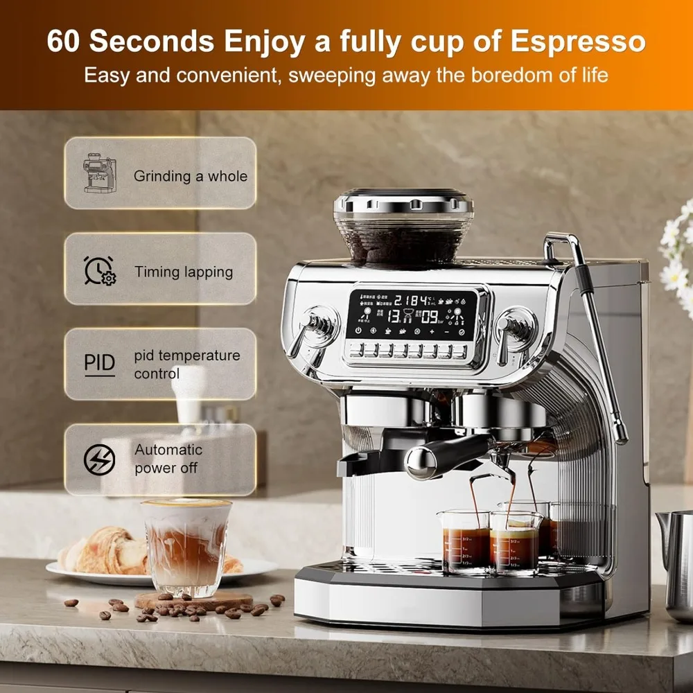 TC530 Espresso Machine with Milk Frother，Semi Automatic Coffee Machine with Grinder,Easy To Use Espresso Coffee Maker