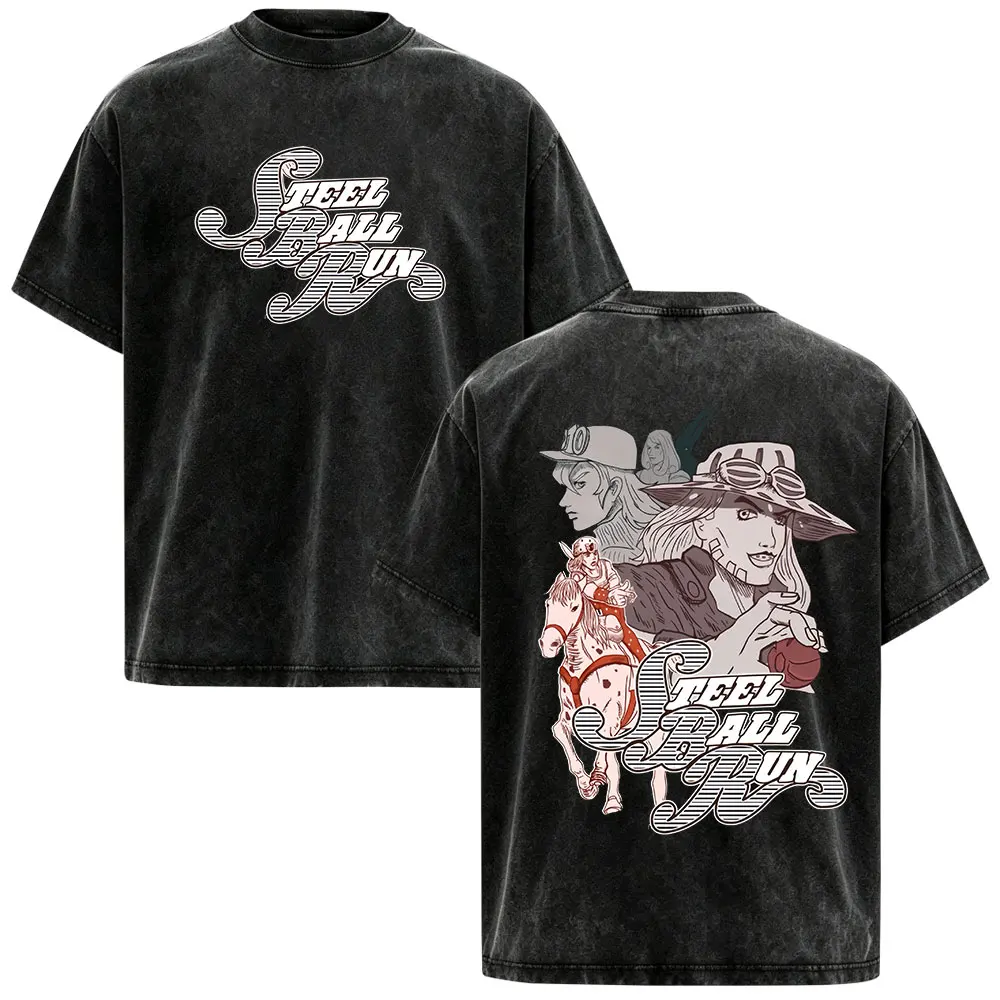 Japanese Anime Jojo Bizarre Adventure STEEL BALL RUN Vintage Washed T-shirt Men Women Clothing Oversized Short Sleeve T Shirts