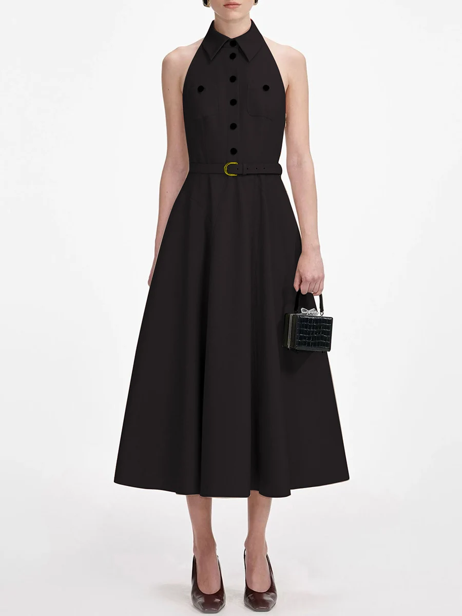 فساتين TWOTWINSTYLE متينة بحزام مقسم للنساء مع طية صدر السترة بدون أكمام بخصر عالٍ وأزرار مرقعة فستان أساسي للسيدات