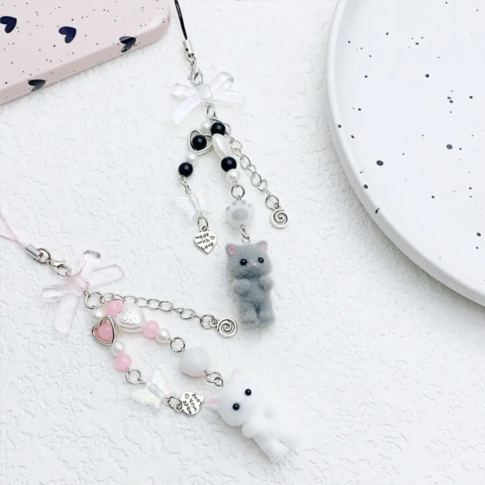 Flocking Flocking Cat Phone Lanyard Anti Lost Keychain 3D Kitten Mobile Phone Chain Korean Phone Strap Cat Cell Phone Charm