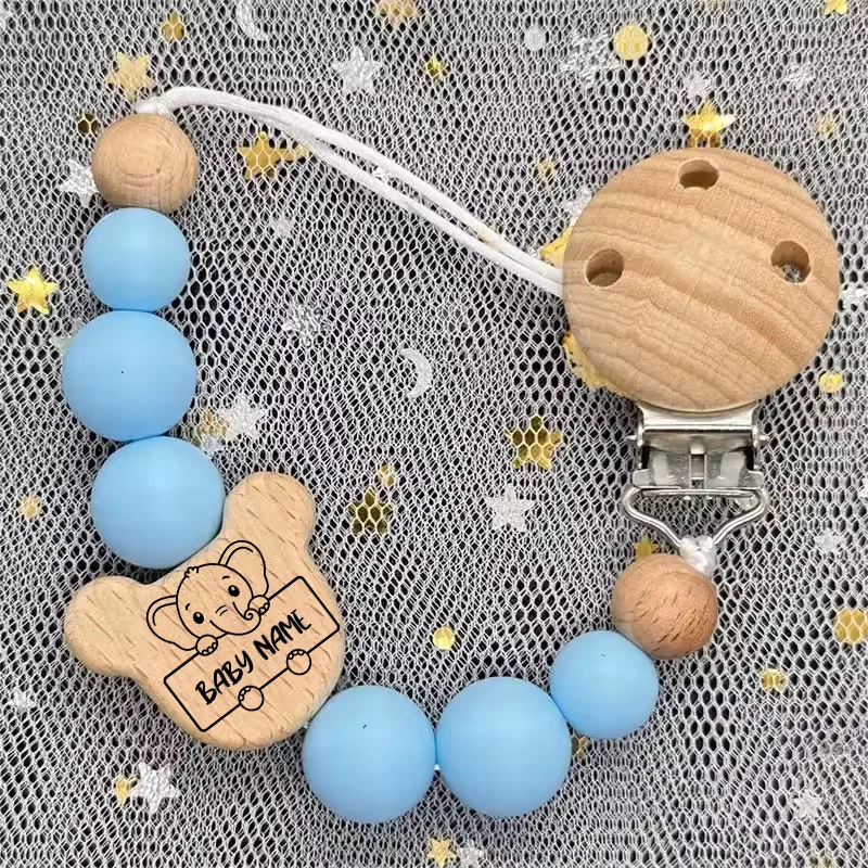 Light Blue Elephant Custom Animal Print Name Wood Personalized Baby Pacifier Chain Clip Silicone Bead Dummy Teethe Pendant  Gift