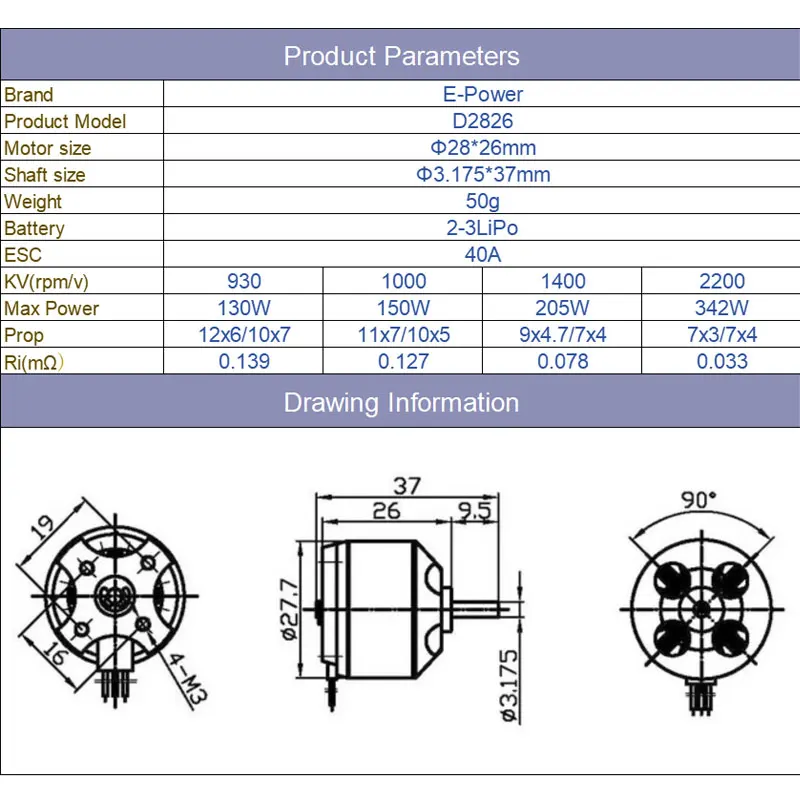 E-POWERRC RC Motor D2826 2826 930KV 1000KV 1400KV 2200KV Brushless Motor For RC Aircraft Plane Multi-copter Fixed-wing Parts Toy