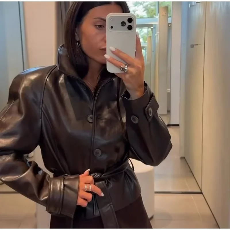 Guobioziy Glossy Shoulder-Patch Faux Leather Jacket with Belt Padded Shoulders 2026 Fall Women's Fashion Casual Leather Coat