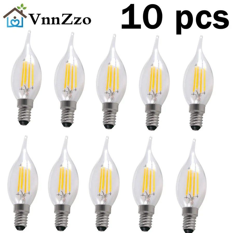 10pcs LED Bulb E14 2W/4W/6W Dimmable Edison Retro Filament Candle Light AC220V C35 Warm/Cold White 360 Degree Energy Saving