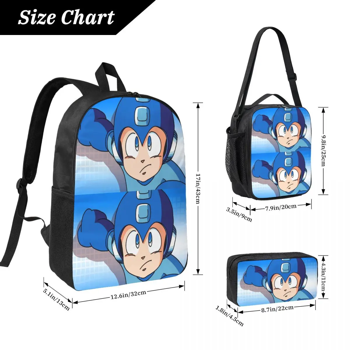 Megaman วิดีโอเกม Mega Man กระเป๋าเป้สะพายหลังชายหญิง BookBag กระเป๋าโรงเรียนกระเป๋าคอมพิวเตอร์ไหล่กระเป๋า 3 PS ถุงอาหารกลางวันฉนวนดินสอกรณี