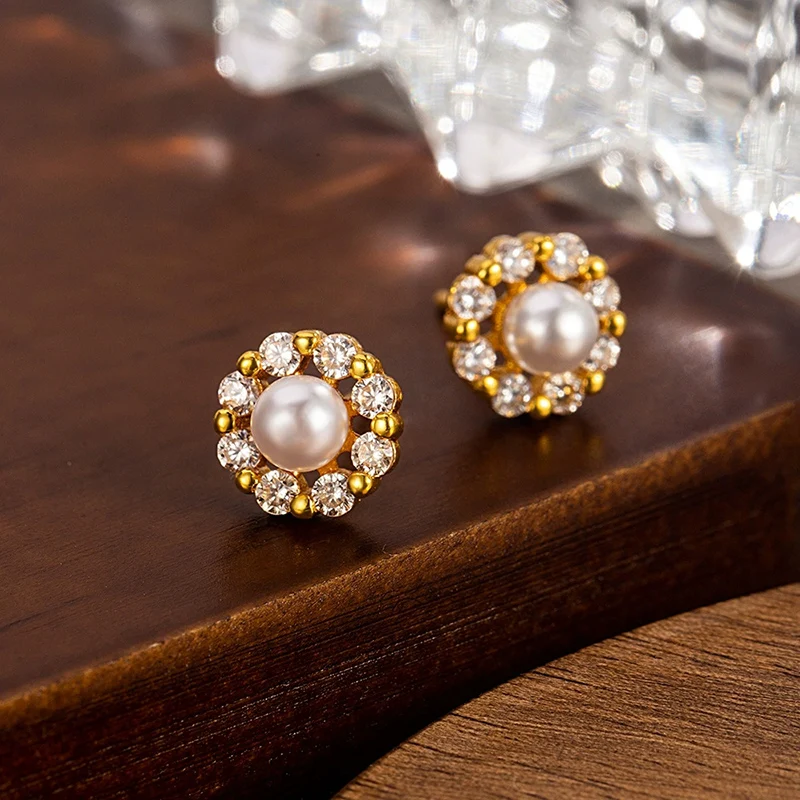 Korean style Gentle Sweet Earrings Exquisite Studded Round Pearl Ear Stud Hollow Geometric Flower Earring For Women KOFSAC