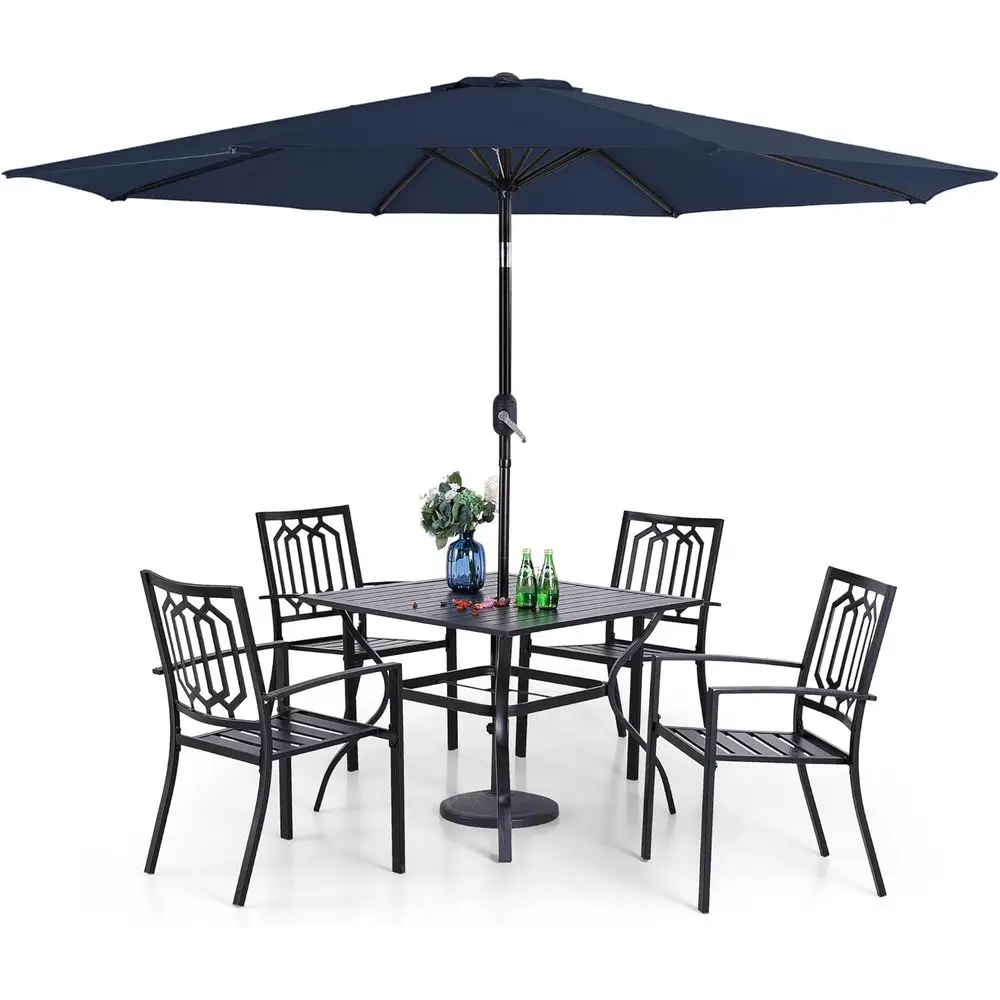 

5-Piece Outdoor Dining Set with Navy Blue Umbrella or 4 Chairs, 37 Beige Table